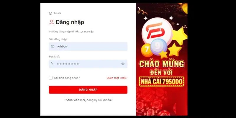 Điền thông tin đăng nhập 79Sodo chính xác